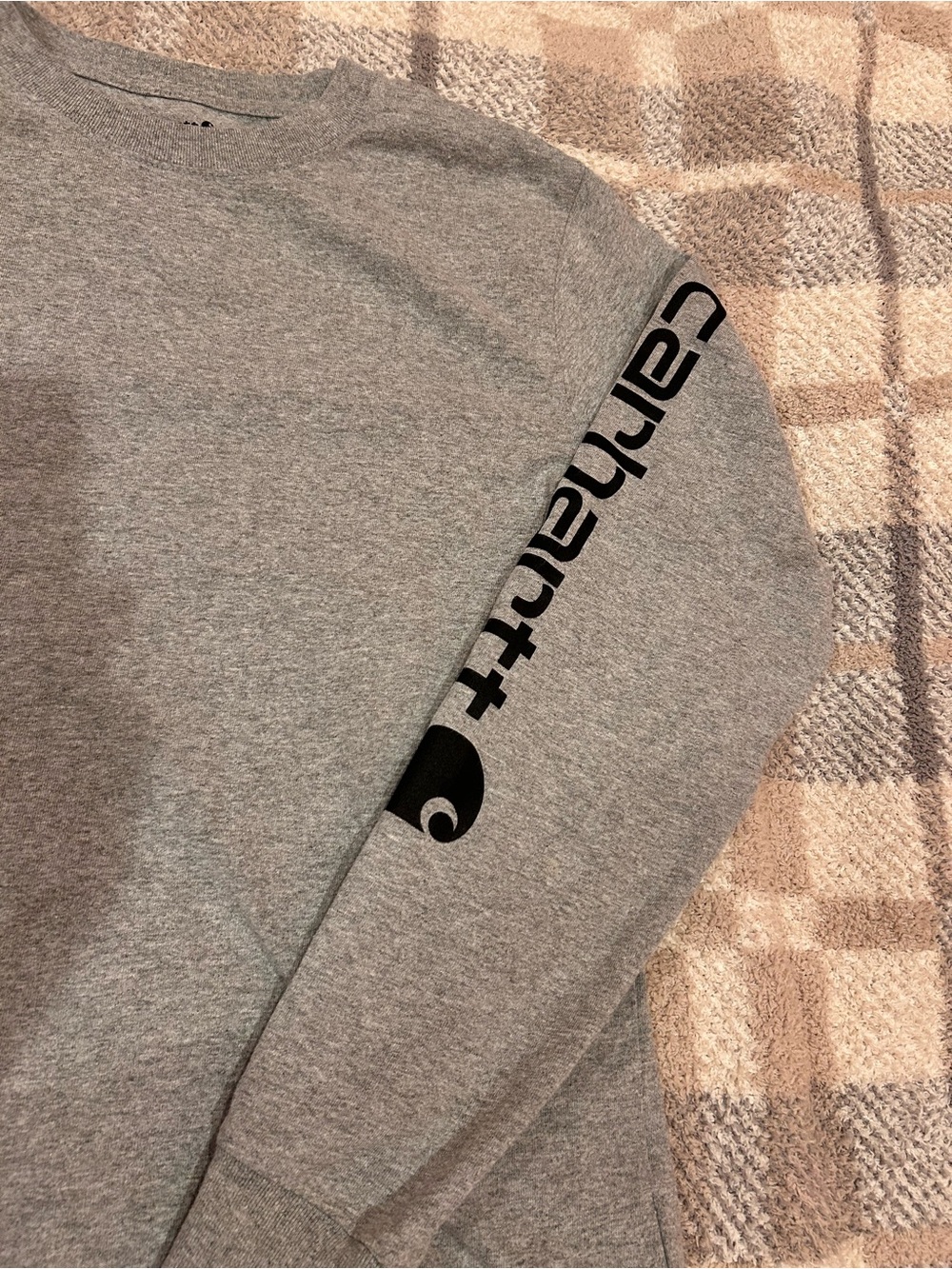 Carhartt Men’s Heather Gray Crewneck Sweatshirt with Black Sleeve Logo